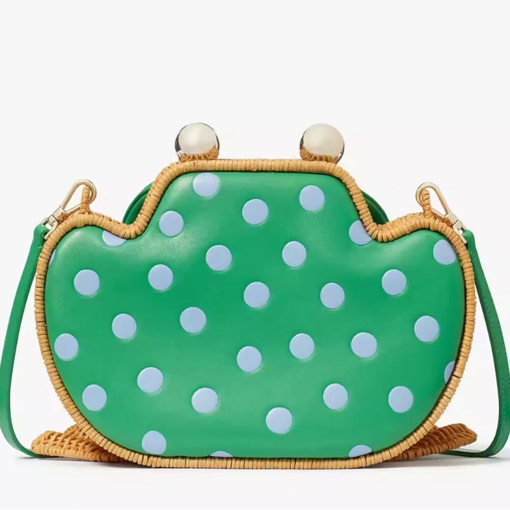 NWT Kate Spade Lily Polka Dot Wicker 3D Frog Crossbody/Green/Wicker-Leather - Picture 7 of 12